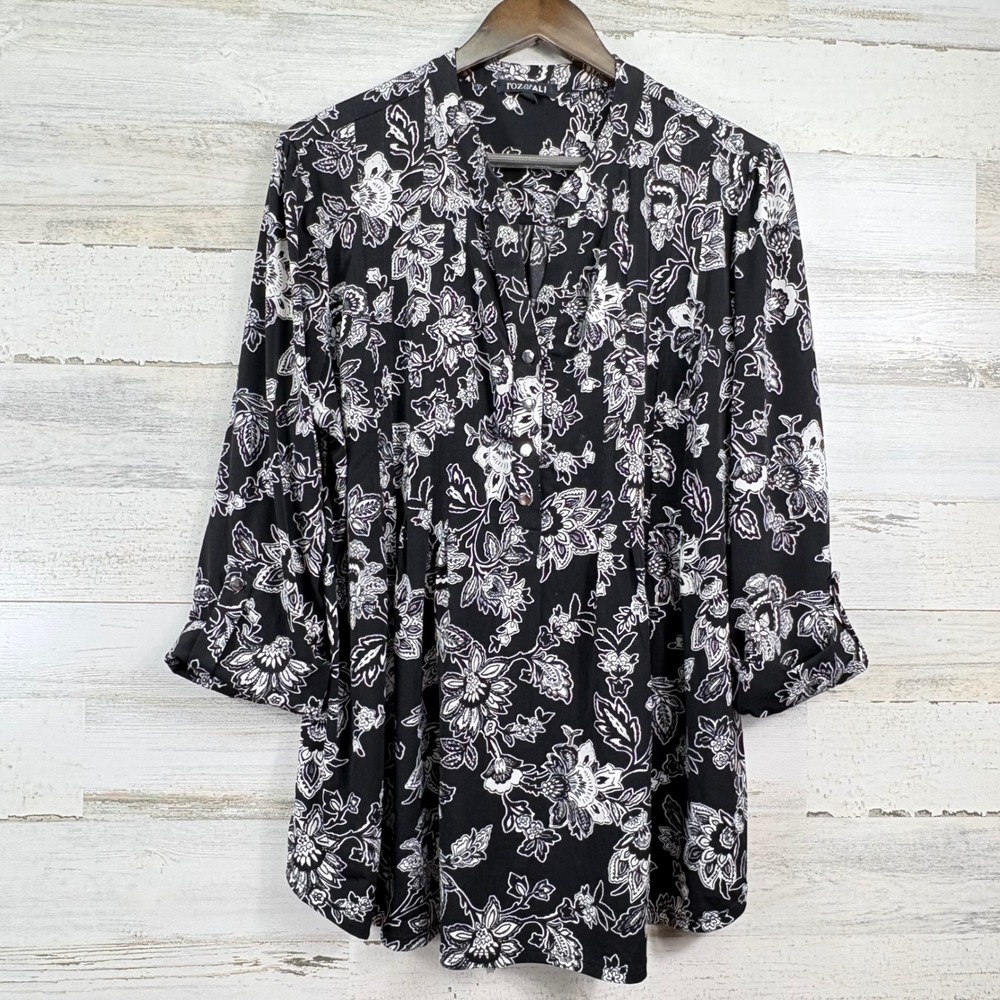 Roz & Ali Floral Blouse Women 1X Black 3/4 Roll Tab Sleeve Split Neck Chic Tunic